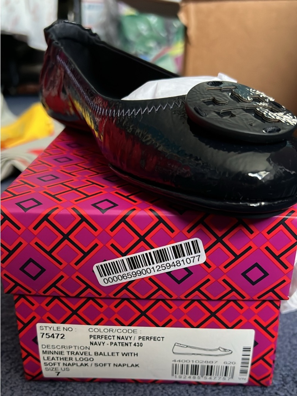 Tory Burch Navy Patent Leather Ballet Flat with Logo Medallion